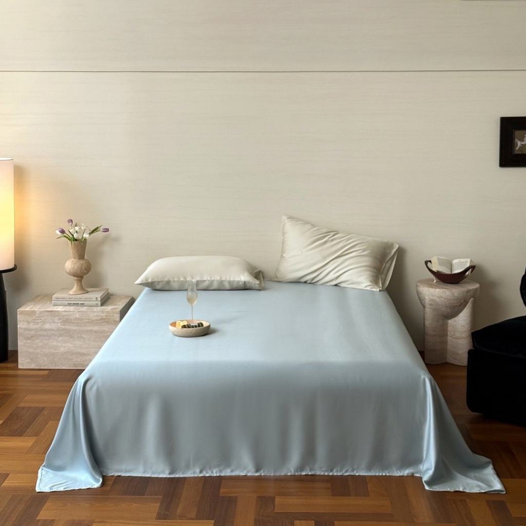 91家纺网 家纺一手货源 找家纺 禾时 2025新款纯色双拼兰精天丝单品系列-单床单 床单单件 冰川灰