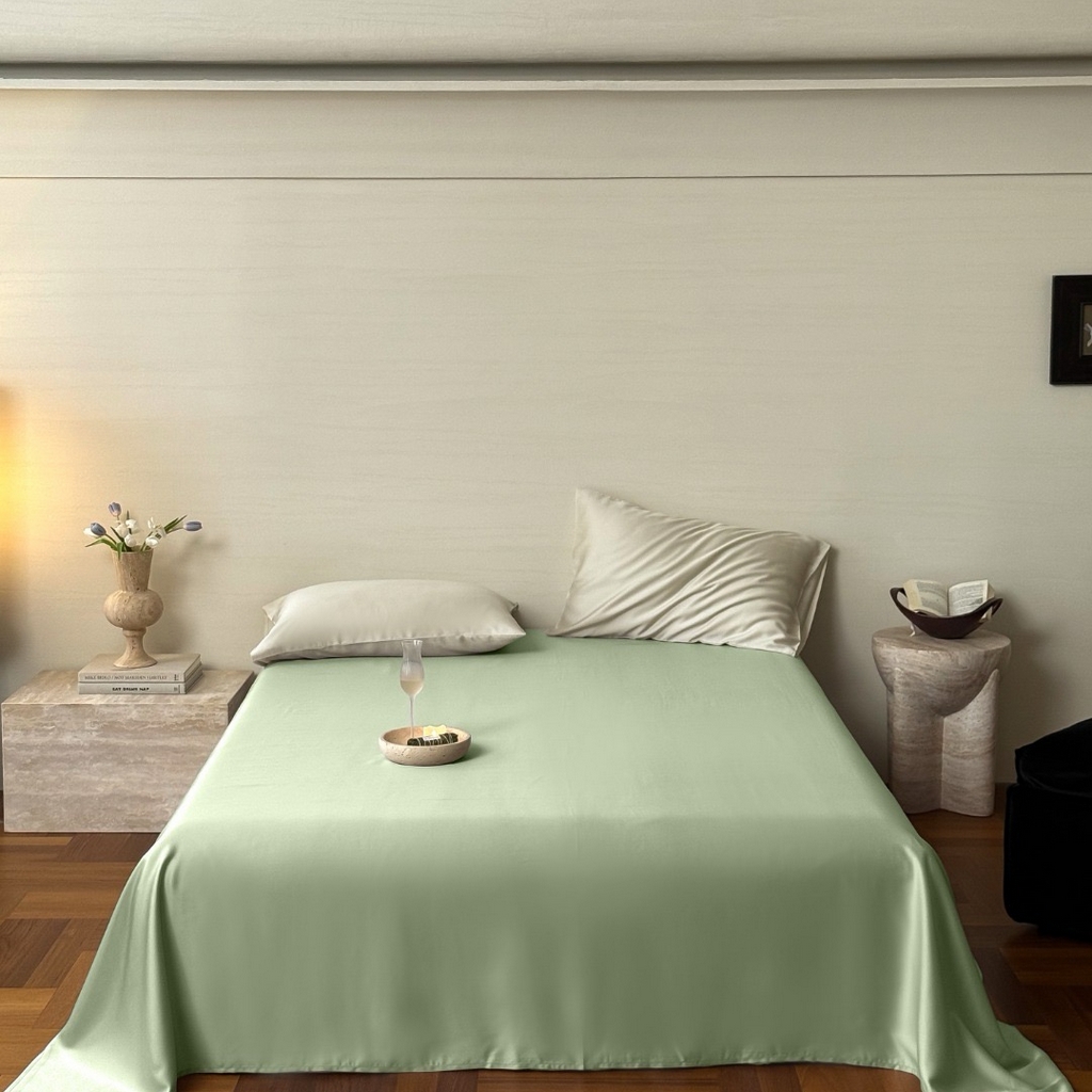 91家纺网 家纺一手货源 找家纺 禾时 2025新款纯色双拼兰精天丝单品系列-单床单 床单单件 嫩叶绿