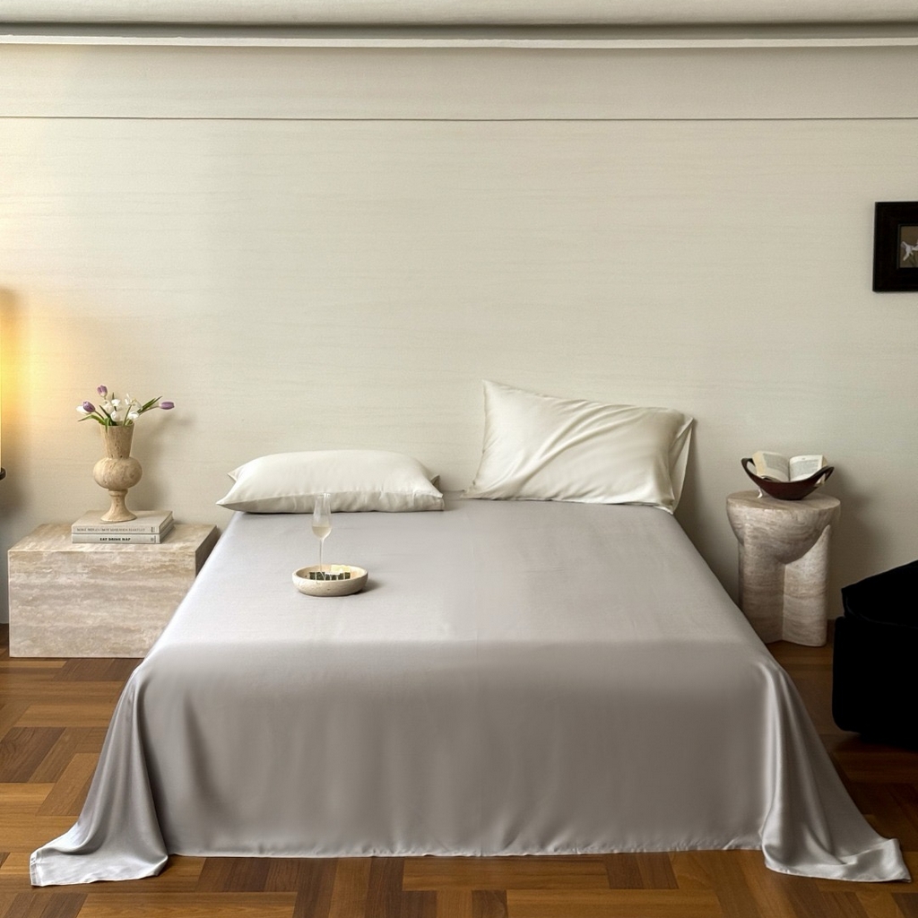 91家纺网 家纺一手货源 找家纺 禾时 2025新款纯色双拼兰精天丝单品系列-单床单 床单单件 曙光银