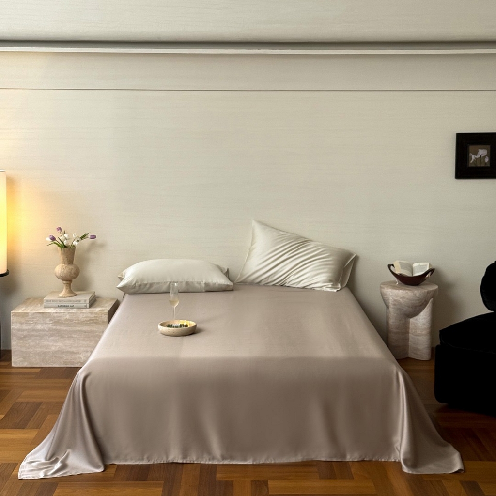 91家纺网 家纺一手货源 找家纺 禾时 2025新款纯色双拼兰精天丝单品系列-单床单 床单单件 岩石灰