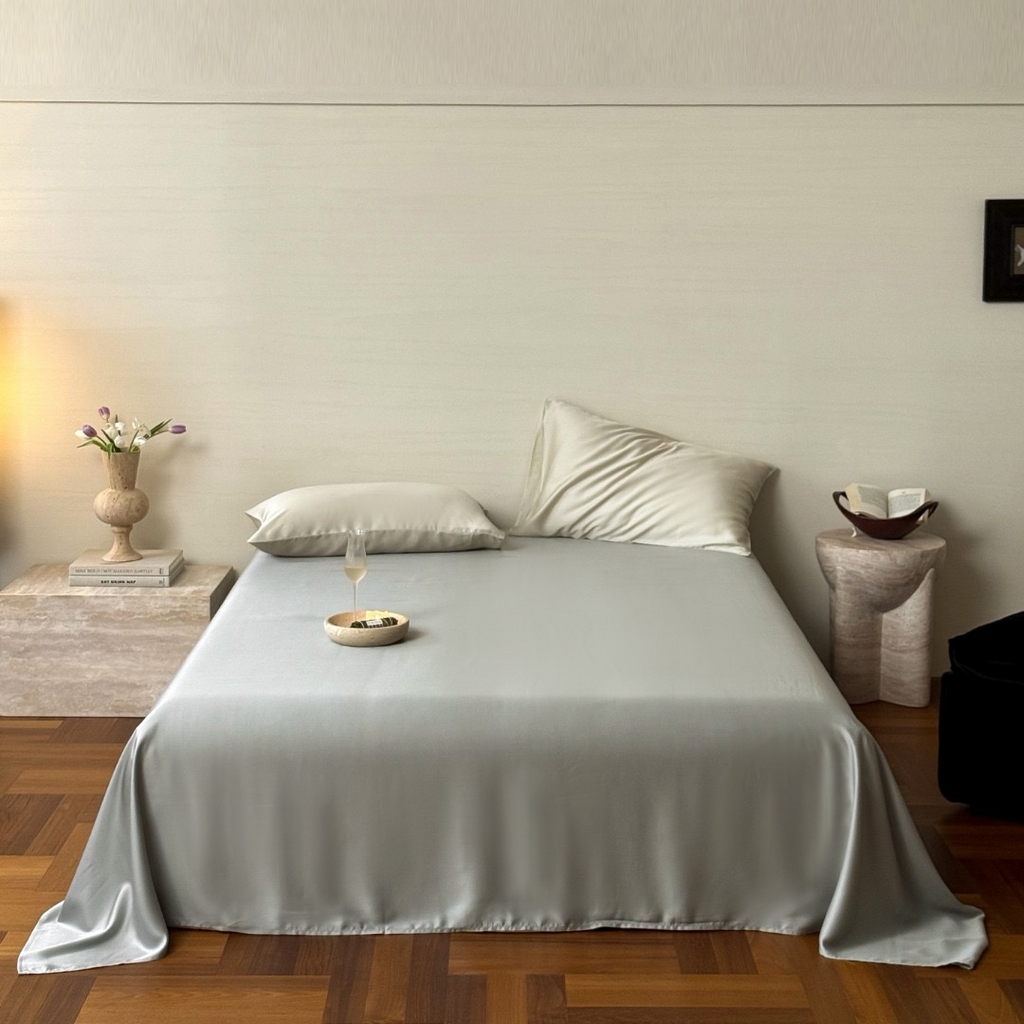 91家纺网 家纺一手货源 找家纺 禾时 2025新款纯色双拼兰精天丝单品系列-单床单 床单单件 云纱灰