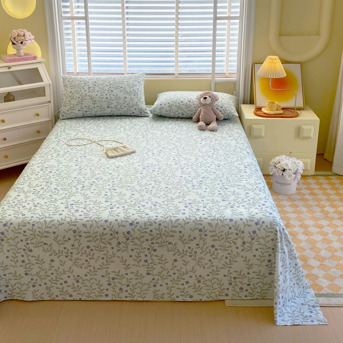 91家纺网 家纺一手货源 找家纺 慕尚家纺 2025新款全棉纯棉老粗布花卉床单款凉席席子 幸运草