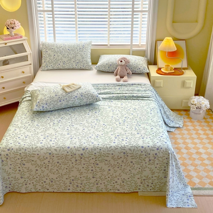 91家纺网 家纺一手货源 找家纺 慕尚家纺 2025新款全棉纯棉老粗布花卉床单款凉席席子 幸运草