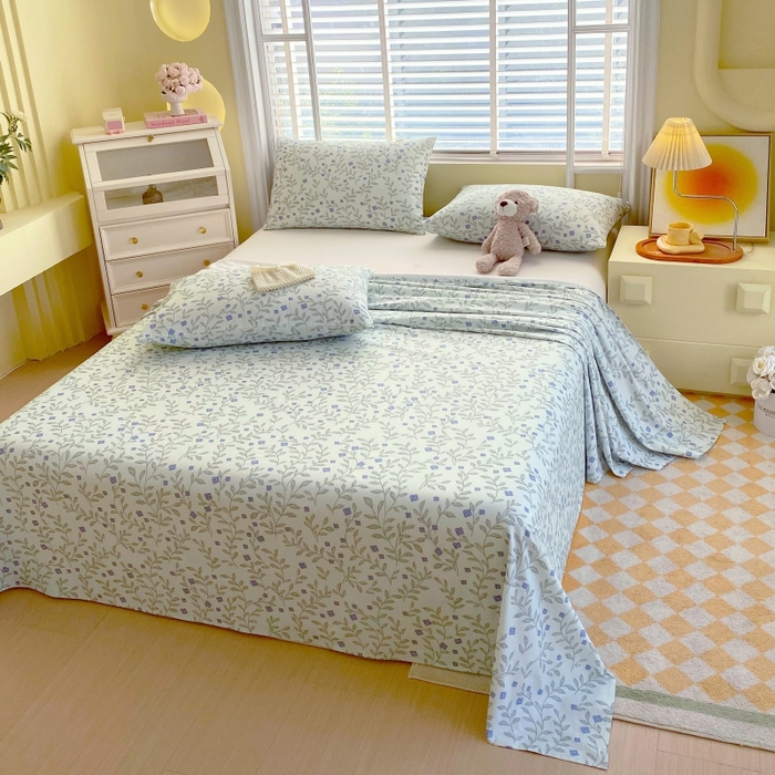 91家纺网 家纺一手货源 找家纺 慕尚家纺 2025新款全棉纯棉老粗布花卉床单款凉席席子 幸运草