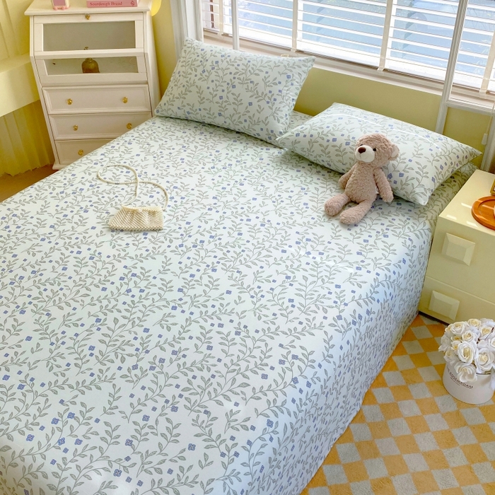 91家纺网 家纺一手货源 找家纺 慕尚家纺 2025新款全棉纯棉老粗布花卉床单款凉席席子 幸运草