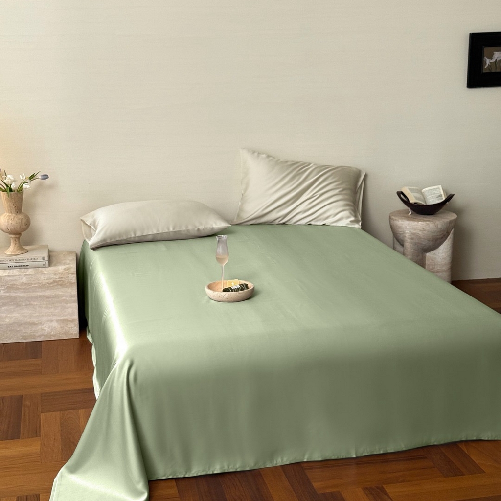 91家纺网 家纺一手货源 找家纺 禾时 2025新款纯色双拼兰精天丝单品系列-单床单 床单单件 嫩叶绿