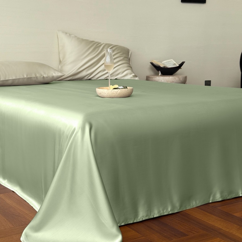 91家纺网 家纺一手货源 找家纺 禾时 2025新款纯色双拼兰精天丝单品系列-单床单 床单单件 嫩叶绿