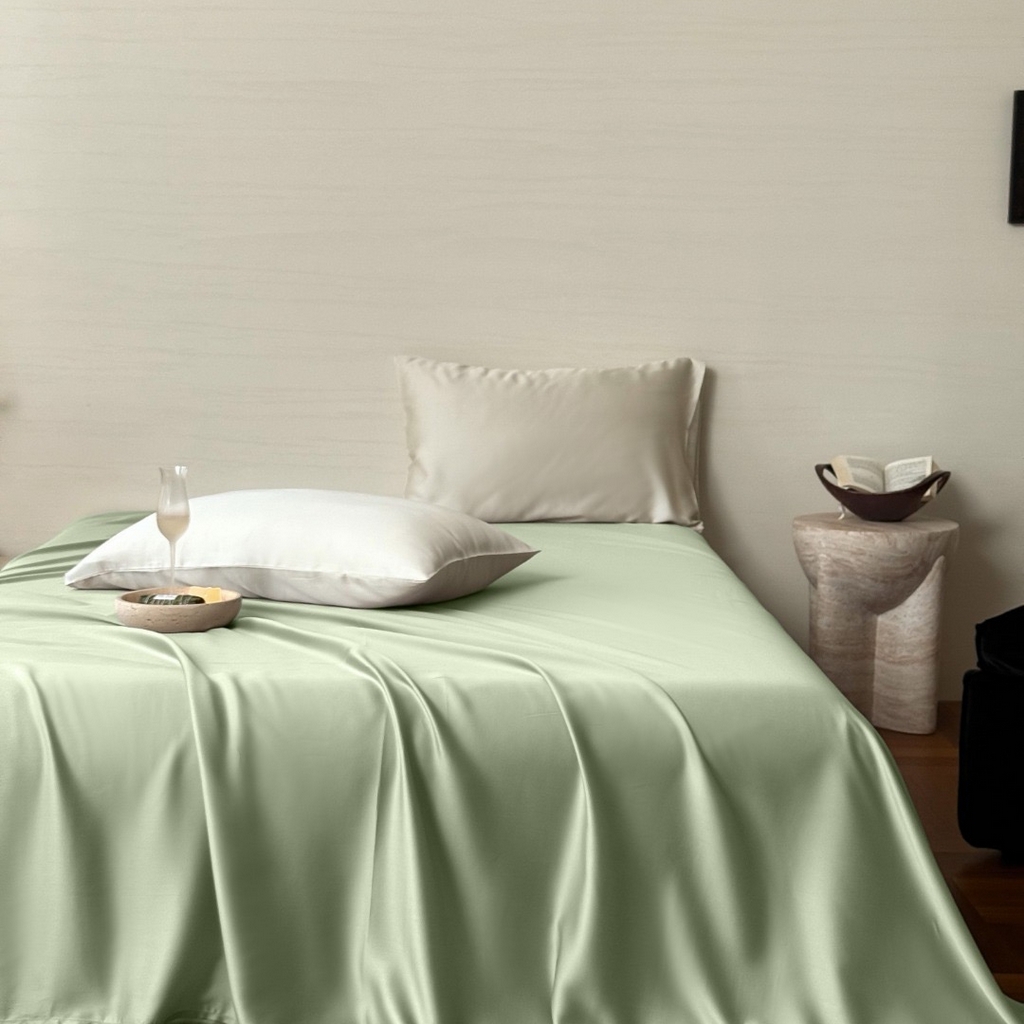 91家纺网 家纺一手货源 找家纺 禾时 2025新款纯色双拼兰精天丝单品系列-单床单 床单单件 嫩叶绿