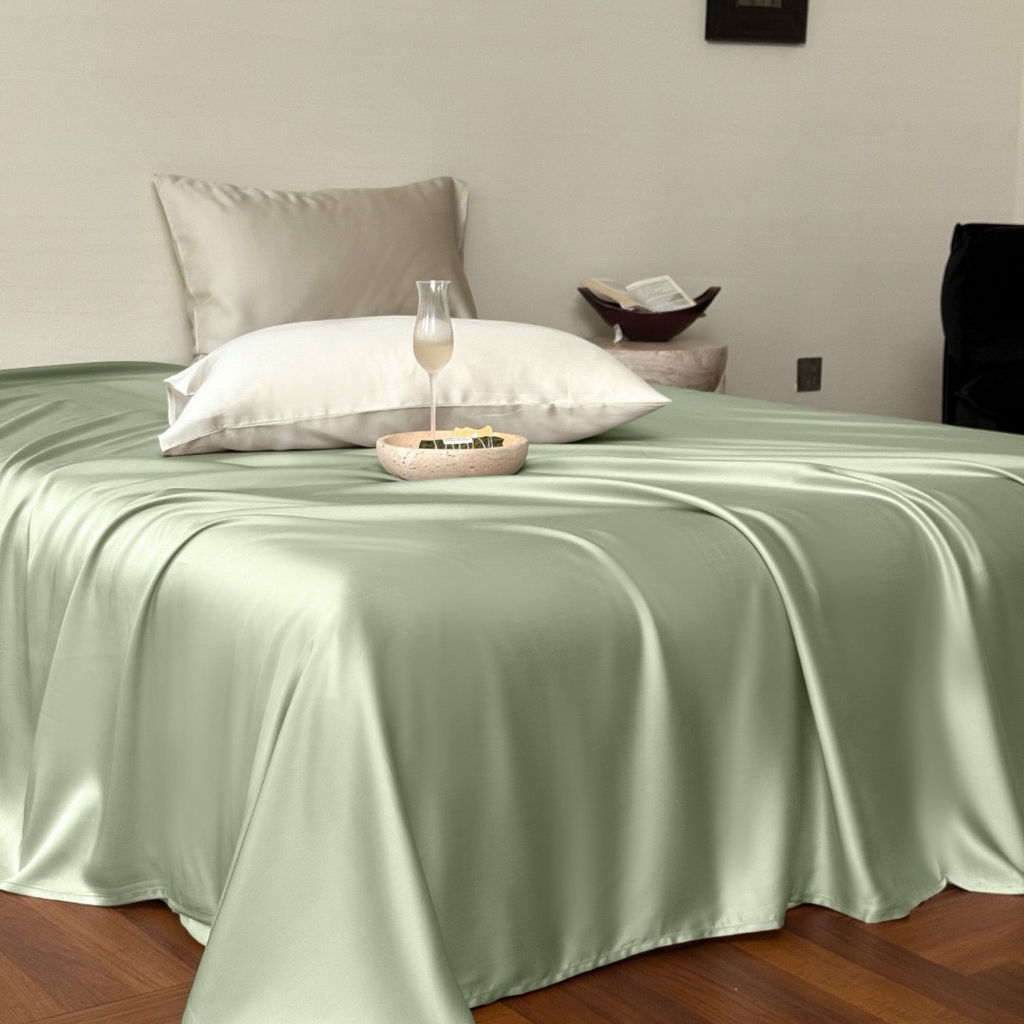 91家纺网 家纺一手货源 找家纺 禾时 2025新款纯色双拼兰精天丝单品系列-单床单 床单单件 嫩叶绿