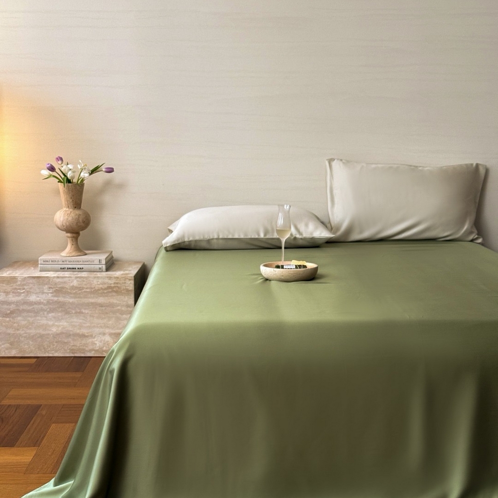 91家纺网 家纺一手货源 找家纺 禾时 2025新款纯色双拼兰精天丝单品系列-单床单 床单单件 欧芹绿