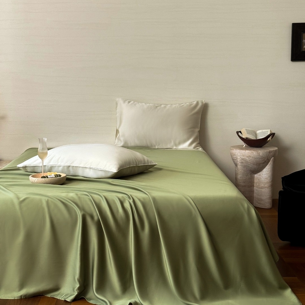 91家纺网 家纺一手货源 找家纺 禾时 2025新款纯色双拼兰精天丝单品系列-单床单 床单单件 欧芹绿