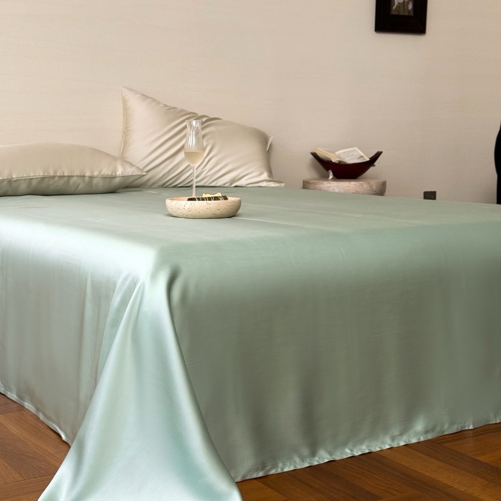 91家纺网 家纺一手货源 找家纺 禾时 2025新款纯色双拼兰精天丝单品系列-单床单 床单单件 浅艾绿