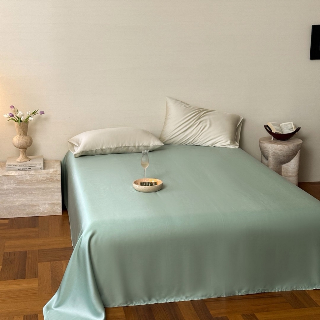 91家纺网 家纺一手货源 找家纺 禾时 2025新款纯色双拼兰精天丝单品系列-单床单 床单单件 浅艾绿