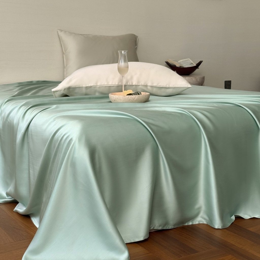 91家纺网 家纺一手货源 找家纺 禾时 2025新款纯色双拼兰精天丝单品系列-单床单 床单单件 浅艾绿