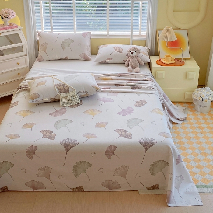 91家纺网 家纺一手货源 找家纺 慕尚家纺 2025新款全棉纯棉老粗布花卉床单款凉席席子 银杏叶