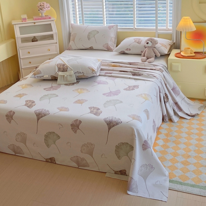 91家纺网 家纺一手货源 找家纺 慕尚家纺 2025新款全棉纯棉老粗布花卉床单款凉席席子 银杏叶