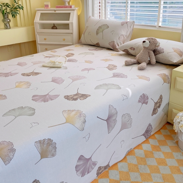 91家纺网 家纺一手货源 找家纺 慕尚家纺 2025新款全棉纯棉老粗布花卉床单款凉席席子 银杏叶