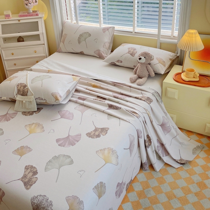 91家纺网 家纺一手货源 找家纺 慕尚家纺 2025新款全棉纯棉老粗布花卉床单款凉席席子 银杏叶