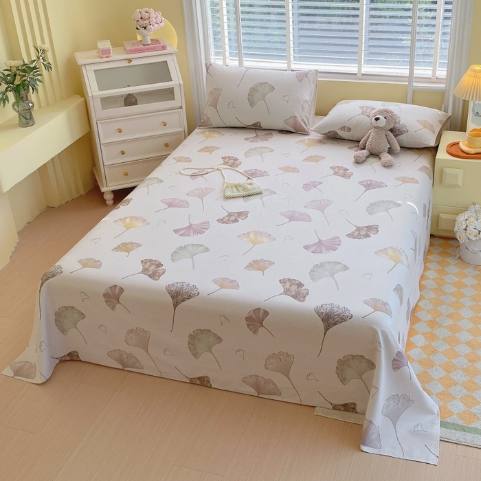 91家纺网 家纺一手货源 找家纺 慕尚家纺 2025新款全棉纯棉老粗布花卉床单款凉席席子 银杏叶