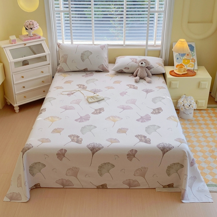 91家纺网 家纺一手货源 找家纺 慕尚家纺 2025新款全棉纯棉老粗布花卉床单款凉席席子 银杏叶