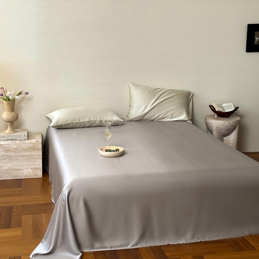 91家纺网 家纺一手货源 找家纺 禾时 2025新款纯色双拼兰精天丝单品系列-单床单 床单单件 曙光银