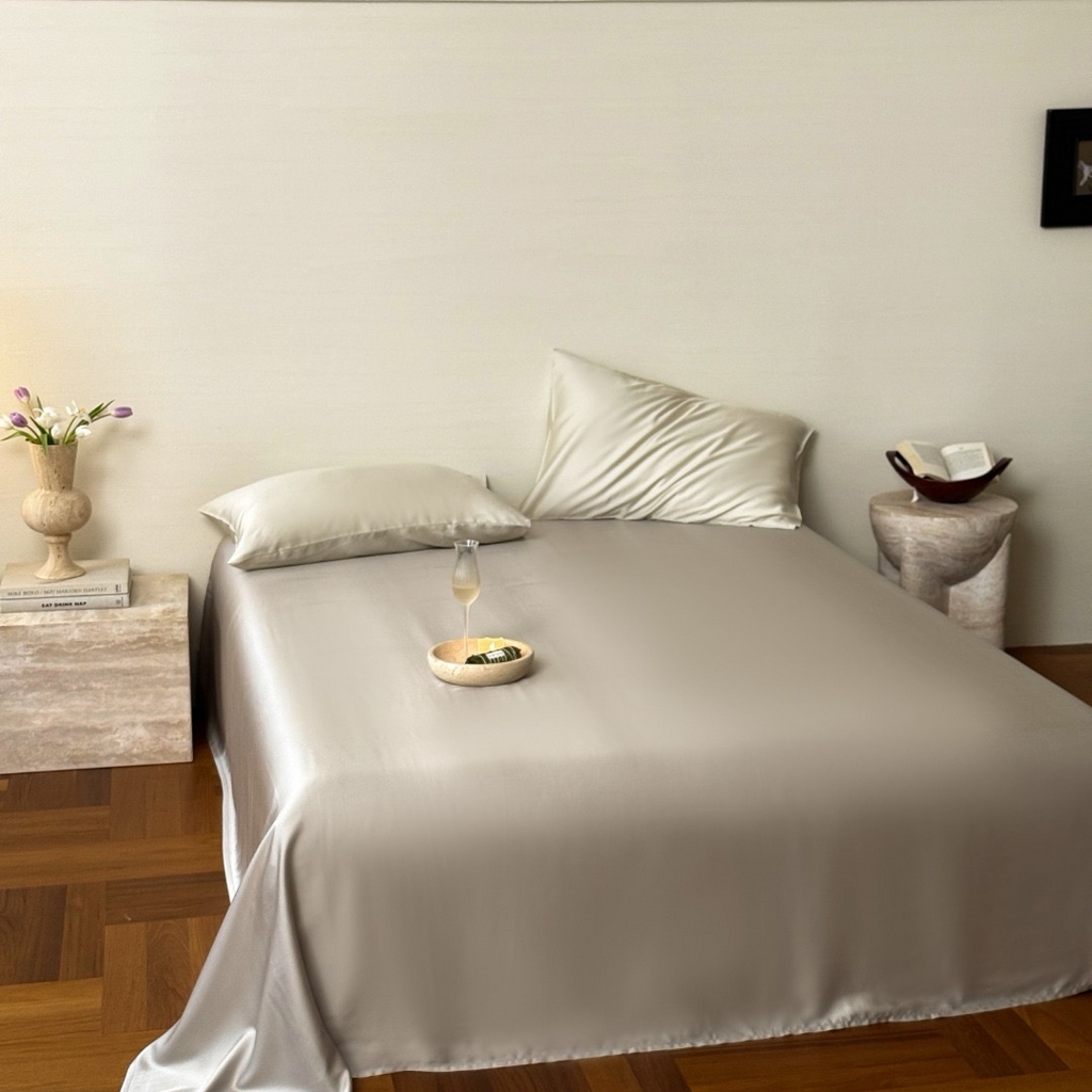 91家纺网 家纺一手货源 找家纺 禾时 2025新款纯色双拼兰精天丝单品系列-单床单 床单单件 霜华银