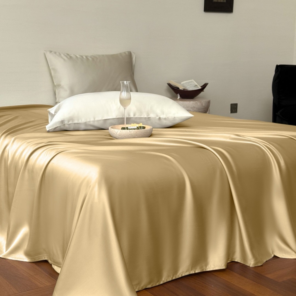 91家纺网 家纺一手货源 找家纺 禾时 2025新款纯色双拼兰精天丝单品系列-单床单 床单单件 香槟金