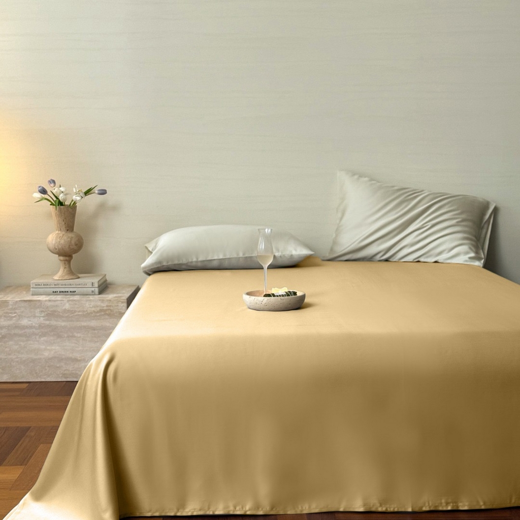 91家纺网 家纺一手货源 找家纺 禾时 2025新款纯色双拼兰精天丝单品系列-单床单 床单单件 香槟金