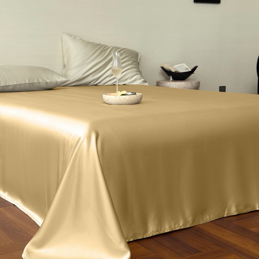 91家纺网 家纺一手货源 找家纺 禾时 2025新款纯色双拼兰精天丝单品系列-单床单 床单单件 香槟金