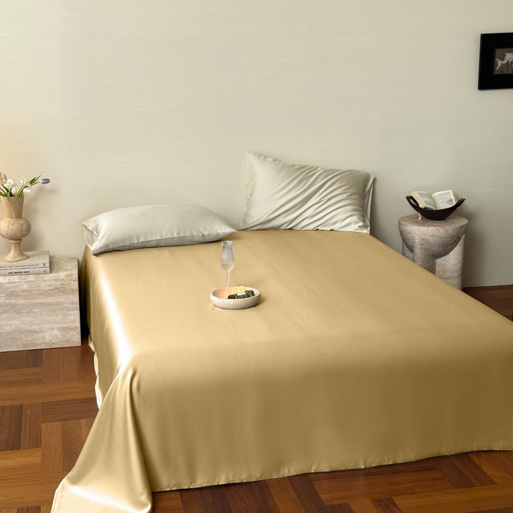 91家纺网 家纺一手货源 找家纺 禾时 2025新款纯色双拼兰精天丝单品系列-单床单 床单单件 香槟金