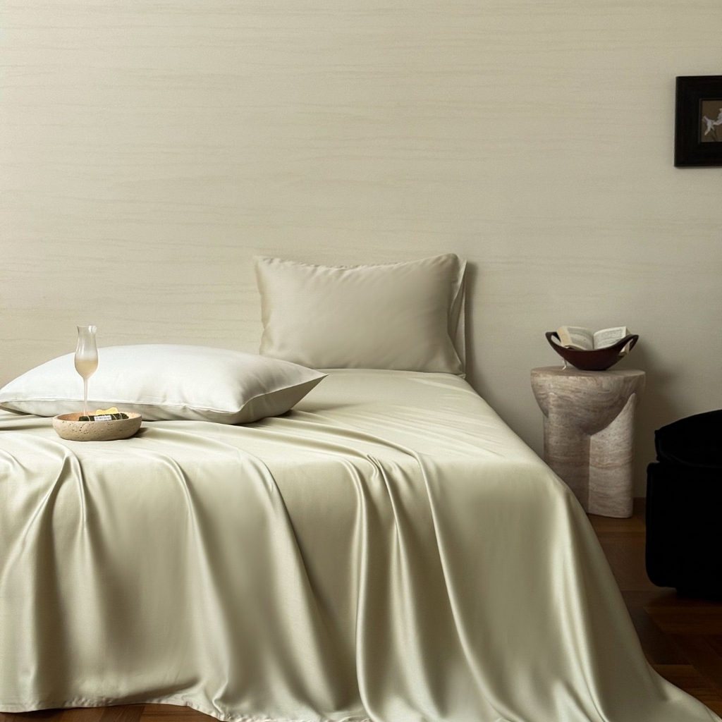 91家纺网 家纺一手货源 找家纺 禾时 2025新款纯色双拼兰精天丝单品系列-单床单 床单单件 烟轻绿