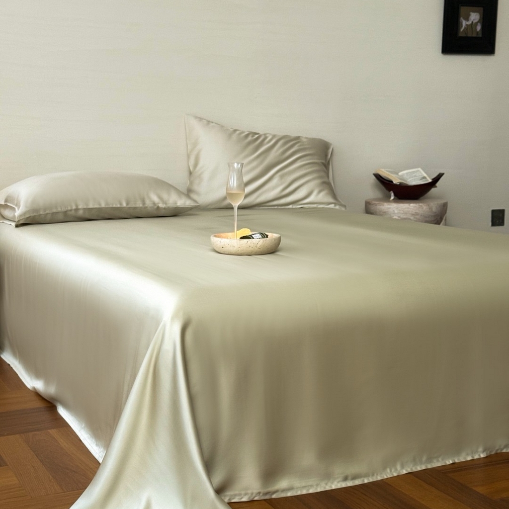 91家纺网 家纺一手货源 找家纺 禾时 2025新款纯色双拼兰精天丝单品系列-单床单 床单单件 烟轻绿