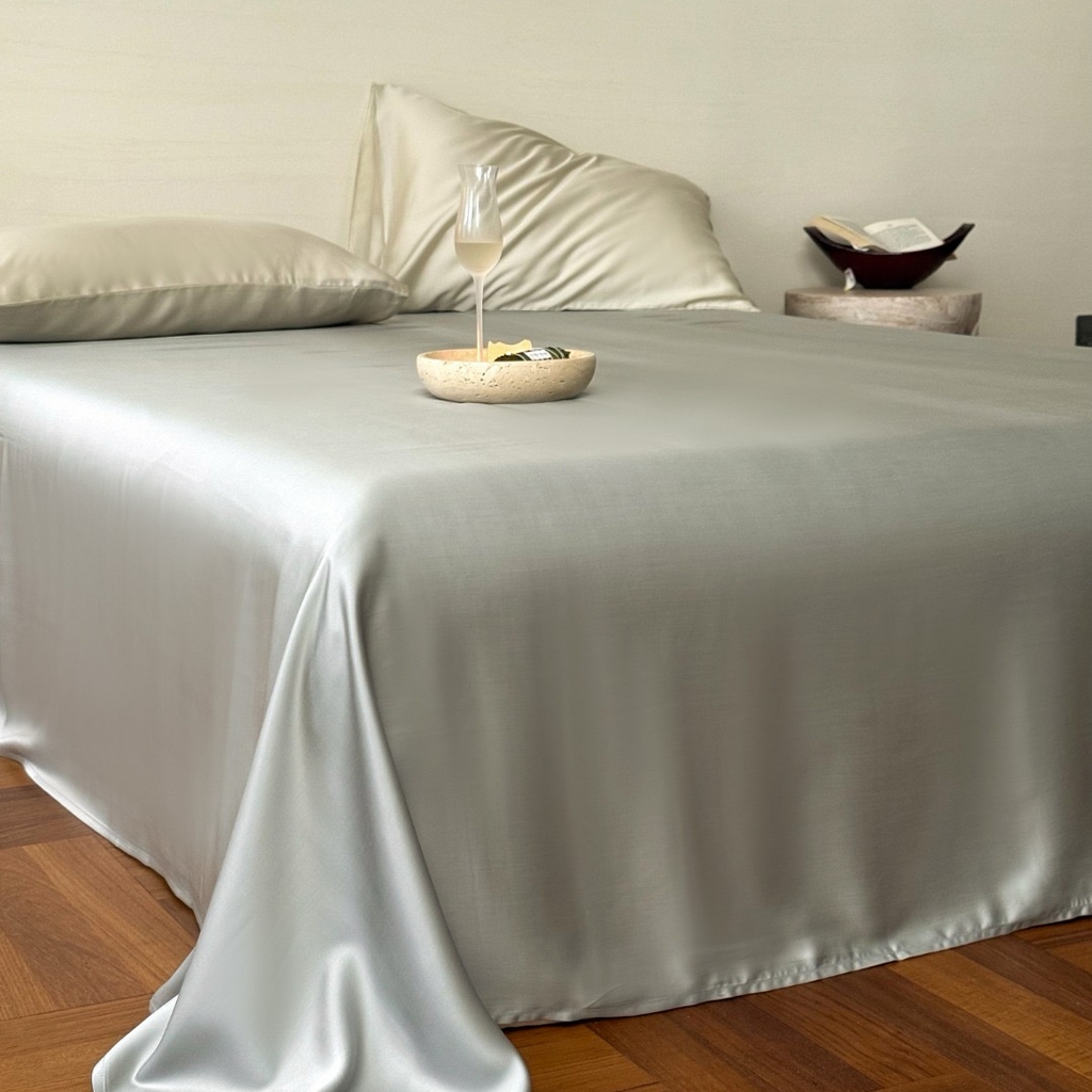 91家纺网 家纺一手货源 找家纺 禾时 2025新款纯色双拼兰精天丝单品系列-单床单 床单单件 云纱灰