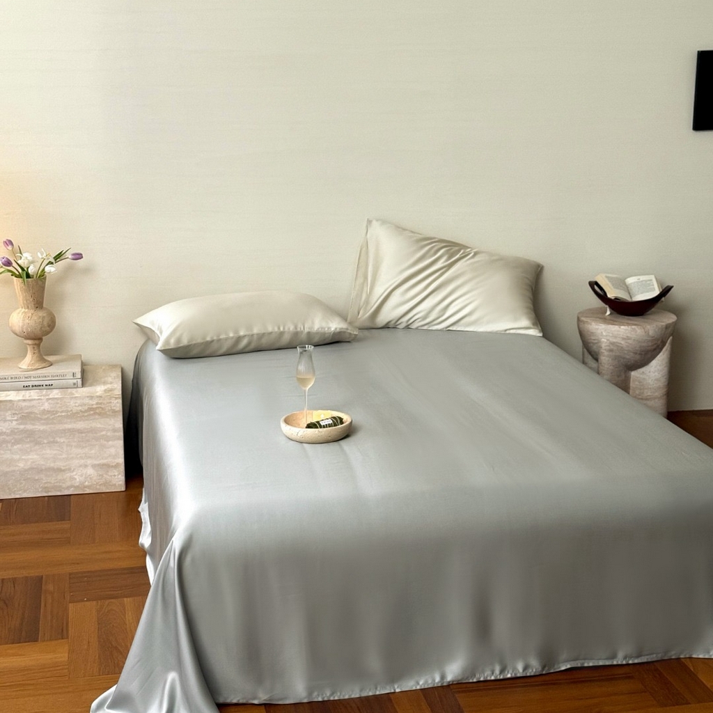 91家纺网 家纺一手货源 找家纺 禾时 2025新款纯色双拼兰精天丝单品系列-单床单 床单单件 云纱灰