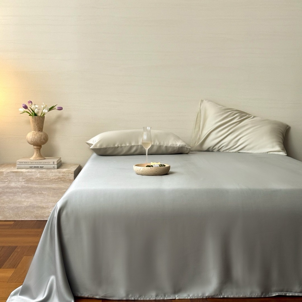 91家纺网 家纺一手货源 找家纺 禾时 2025新款纯色双拼兰精天丝单品系列-单床单 床单单件 云纱灰