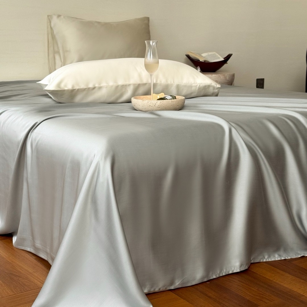 91家纺网 家纺一手货源 找家纺 禾时 2025新款纯色双拼兰精天丝单品系列-单床单 床单单件 云纱灰