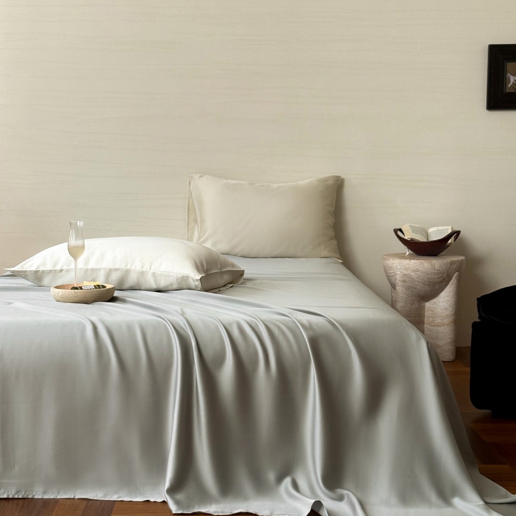 91家纺网 家纺一手货源 找家纺 禾时 2025新款纯色双拼兰精天丝单品系列-单床单 床单单件 云纱灰