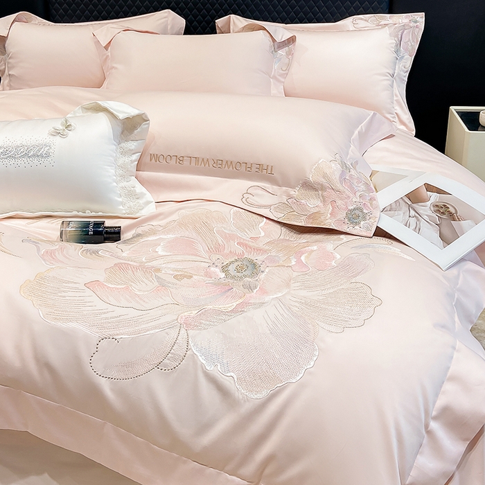 91家纺网 家纺一手货源 找家纺 星蕴家纺 2025新款澳棉纯棉正宗长绒棉刺绣四件套-绽放 绽放 西柚粉