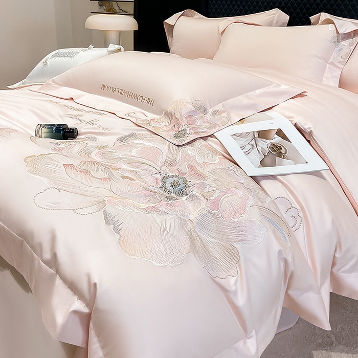 91家纺网 家纺一手货源 找家纺 星蕴家纺 2025新款澳棉纯棉正宗长绒棉刺绣四件套-绽放 绽放 西柚粉