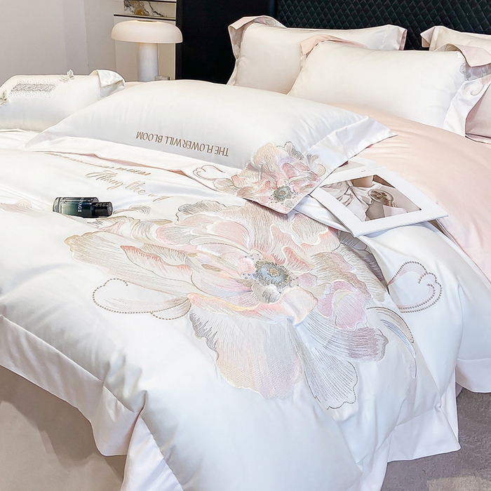 星蕴家纺 2025新款澳棉纯棉正宗长绒棉刺绣四件套-绽放 绽放 白拼玉