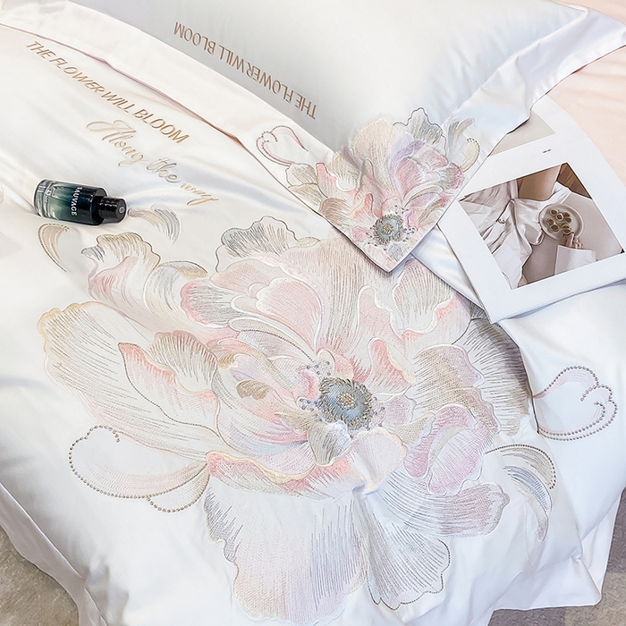 91家纺网 家纺一手货源 找家纺 星蕴家纺 2025新款澳棉纯棉正宗长绒棉刺绣四件套-绽放 绽放 白拼玉