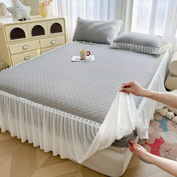 91家纺网 家纺一手货源 找家纺 怡源梦 2025新款A类高分子凉感席床裙床笠二合一席子-心动系列 灰色