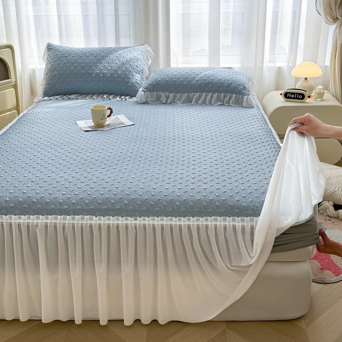 91家纺网 家纺一手货源 找家纺 怡源梦 2025新款A类高分子凉感席床裙床笠二合一席子-心动系列 兰色