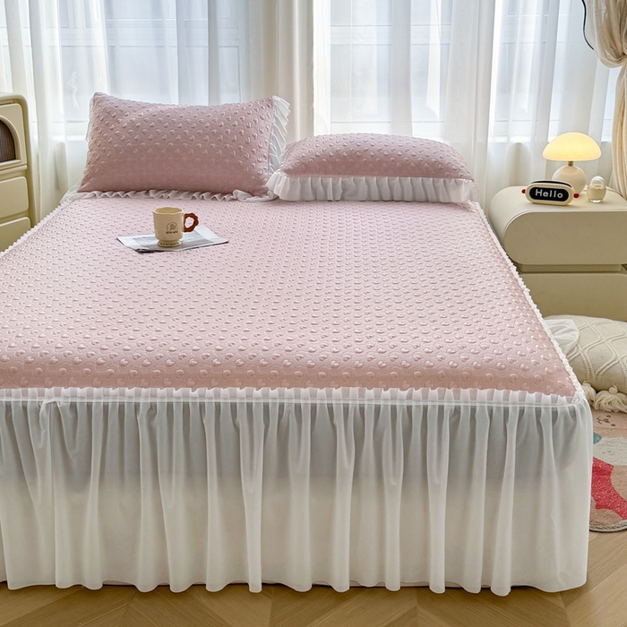 91家纺网 家纺一手货源 找家纺 怡源梦 2025新款A类高分子凉感席床裙床笠二合一席子-心动系列 粉色