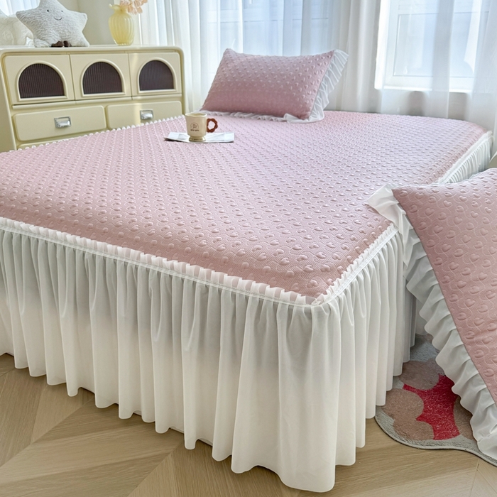 91家纺网 家纺一手货源 找家纺 怡源梦 2025新款A类高分子凉感席床裙床笠二合一席子-心动系列 粉色