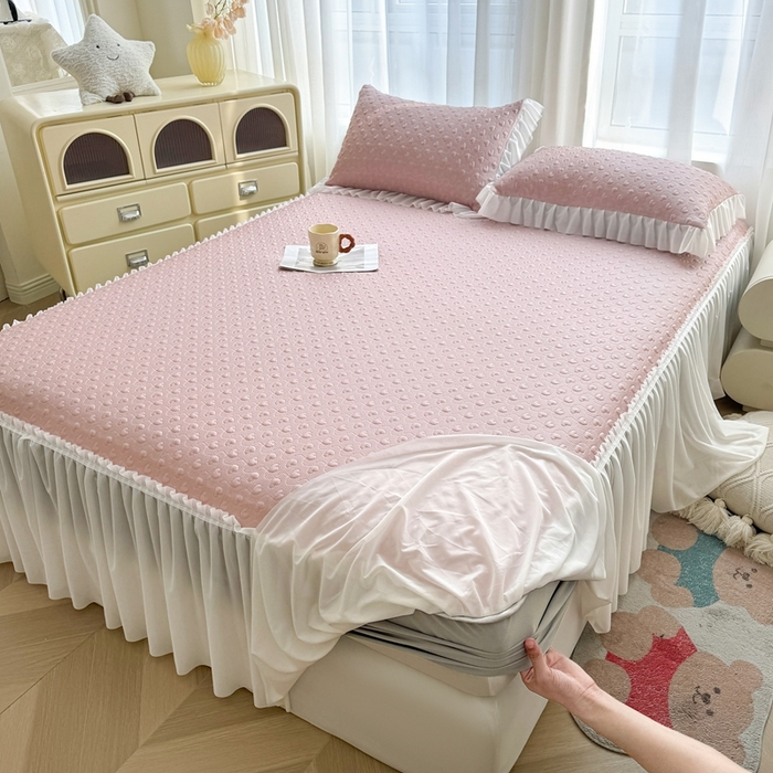 91家纺网 家纺一手货源 找家纺 怡源梦 2025新款A类高分子凉感席床裙床笠二合一席子-心动系列 粉色