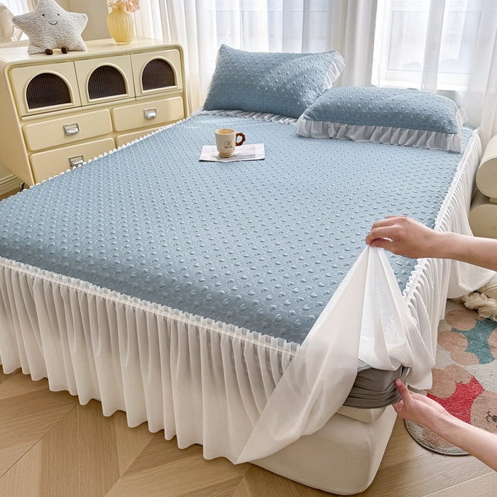 91家纺网 家纺一手货源 找家纺 怡源梦 2025新款A类高分子凉感席床裙床笠二合一席子-心动系列 兰色