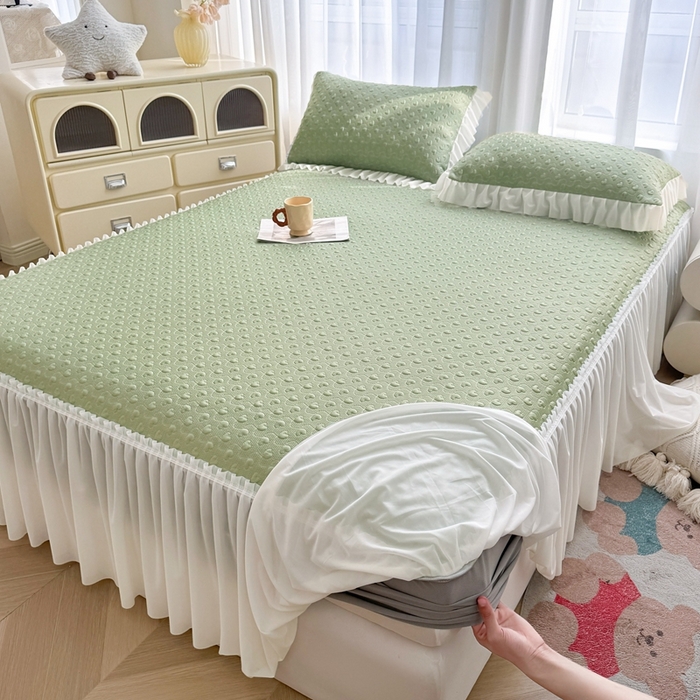 91家纺网 家纺一手货源 找家纺 怡源梦 2025新款A类高分子凉感席床裙床笠二合一席子-心动系列 绿色