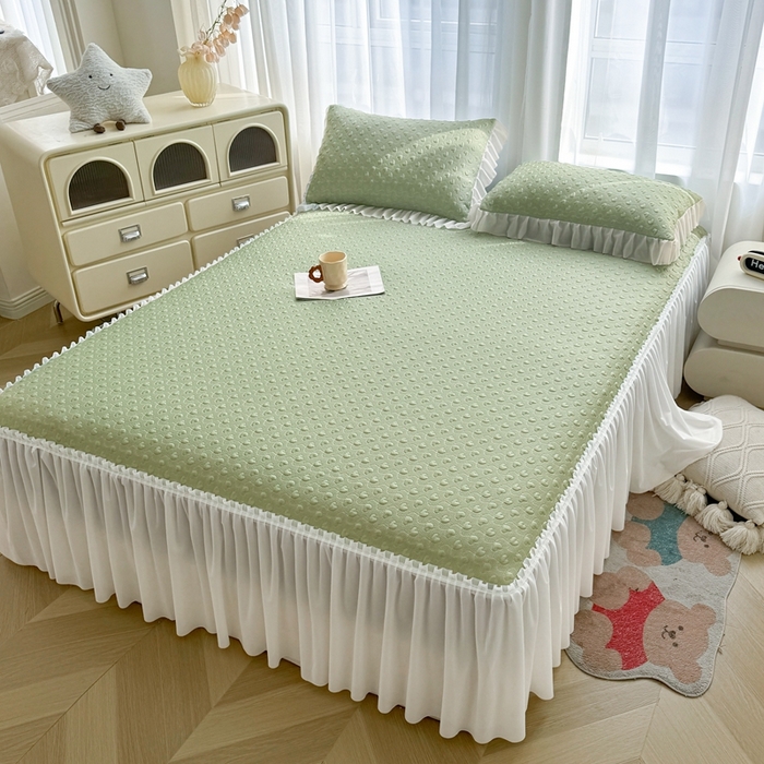 91家纺网 家纺一手货源 找家纺 怡源梦 2025新款A类高分子凉感席床裙床笠二合一席子-心动系列 绿色