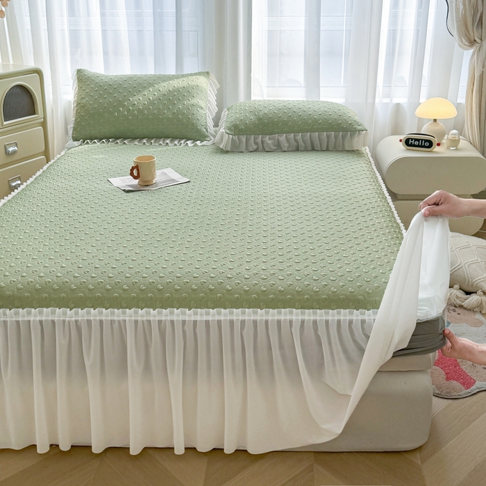 91家纺网 家纺一手货源 找家纺 怡源梦 2025新款A类高分子凉感席床裙床笠二合一席子-心动系列 绿色